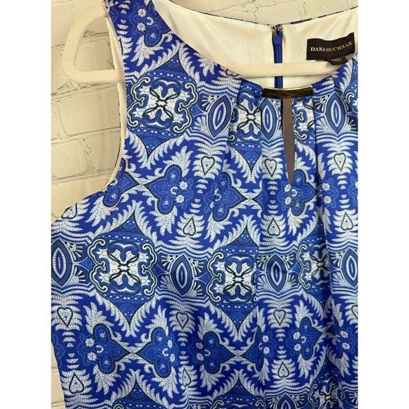 DANA BUCHMAN blue white sleeveless bodycon sheath lined dress size M NWT - Picture 2 of 11
